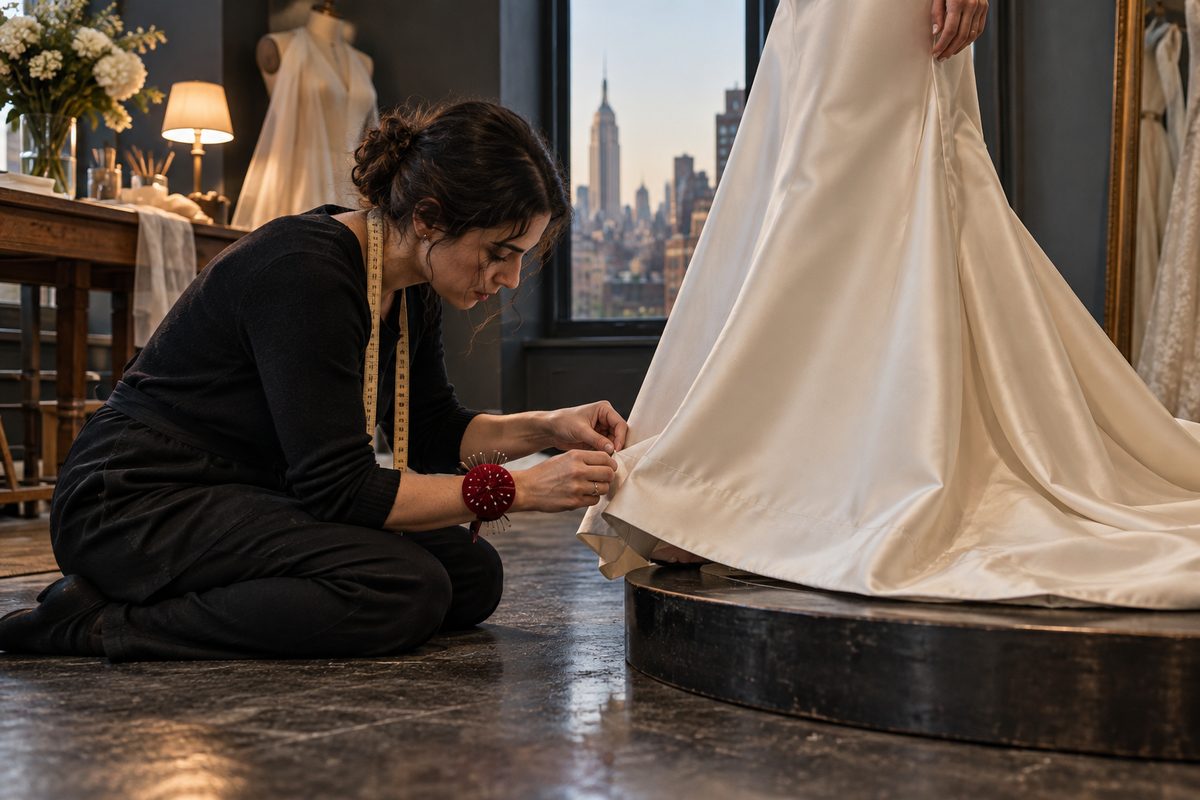 The seamstress pinning the hem of an ivory silk gown at a fitting