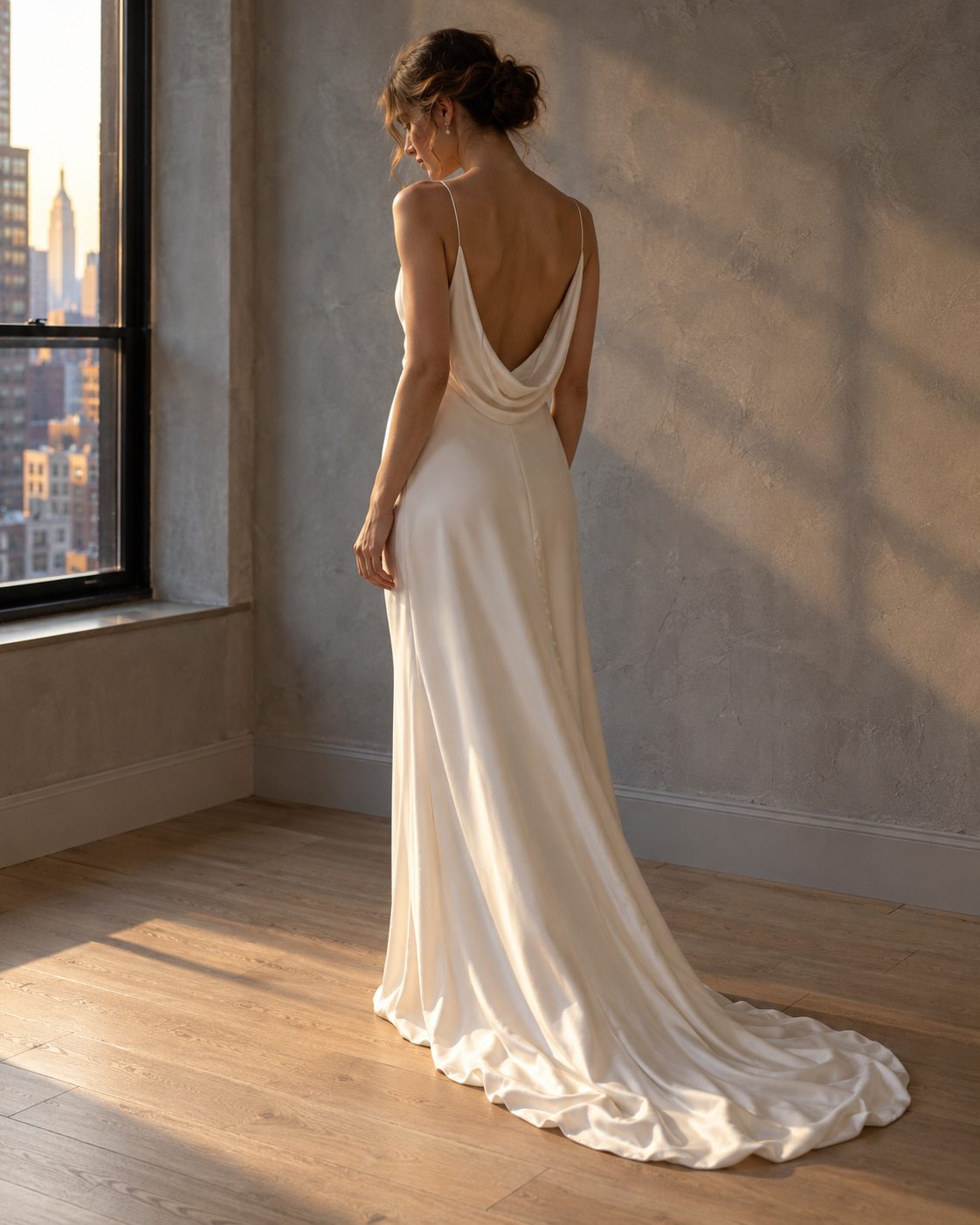 Minimal silk crepe column dress with a cowl back and short train