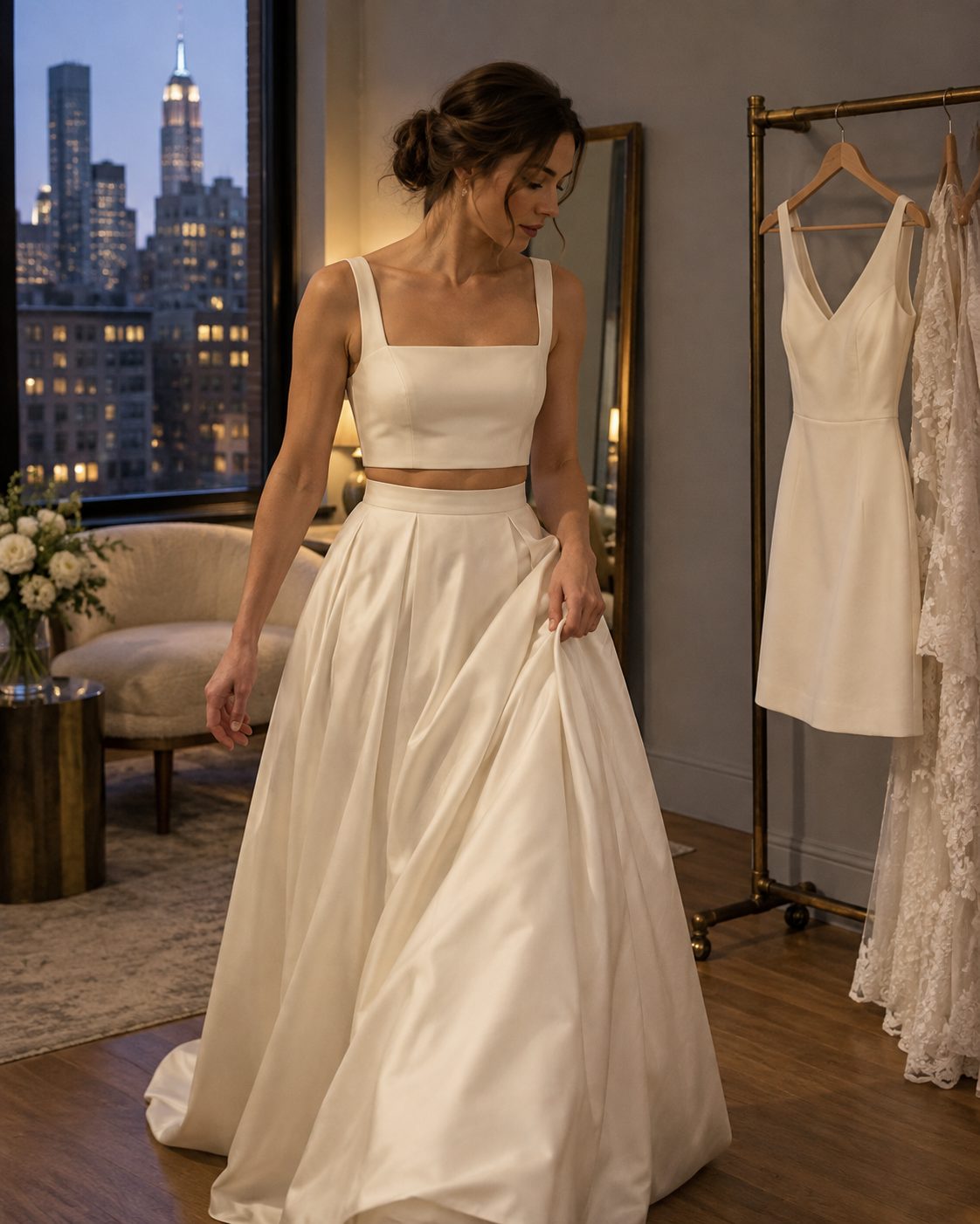 Ivory crepe bodice and silk skirt separates beside a knee-length civil ceremony dress on the rail