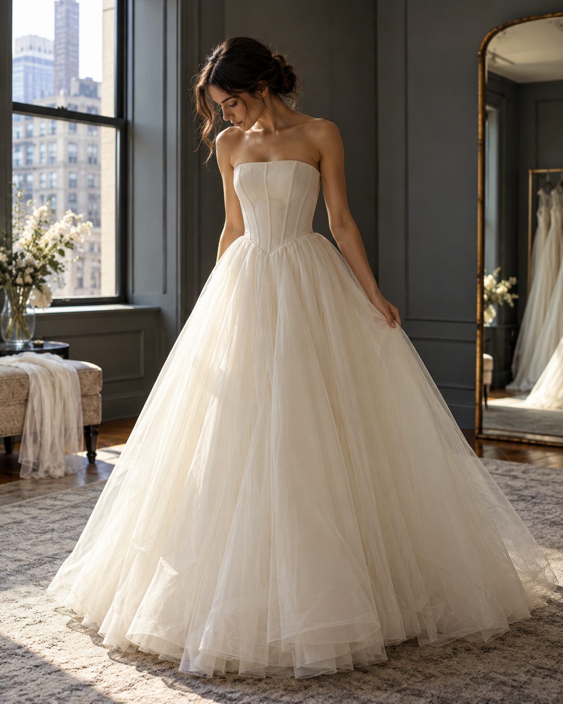 Ivory silk tulle A-line gown with a structured strapless bodice
