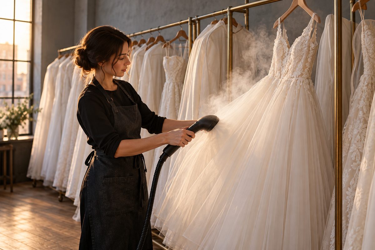 A stylist steaming a tulle skirt on the designer rail in the studio