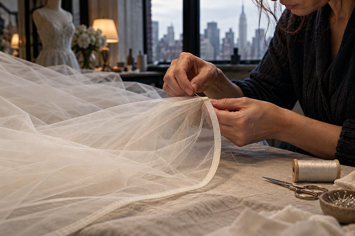 Hands stitching the edge of an ivory silk tulle veil on a linen worktable